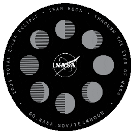 Sticker gif. Black circle with gray-scale depictions of the phases of the moon circling the Nasa logo bobbles like Jell-o. Text, '2024 total solar eclipse, Team Moon, Through the eyes of NASA, Go dot NASA dot gov forward slash team moon.'