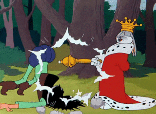 Cartoon gif. King Bugs Bunny in Rabbit Hood. He dons a crown and a cape and uses his scepter to smack a person to the ground. They try to get up and he smacks them again, making them flatten on the floor.