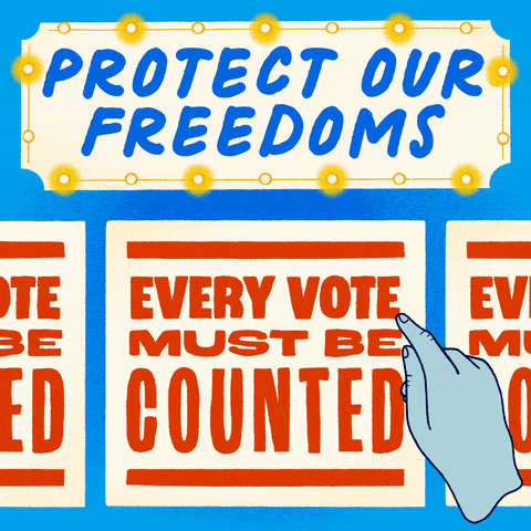 Illustrated gif. Flashing marquee reads "Protect our freedoms," over a disembodied hand checking every paper on a conveyor, each reading, "Every vote must be counted."