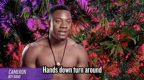Reality TV gif. Shirtless contestant, identified as Cameron (Boy Band), from Ex on the Beach makes a chopping motion with his hands pressed together in front of him and then a twirling motion with his finger, while saying, "Hands down turn around," which appears as text.