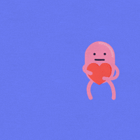 Kawaii gif. A pink oval shape with a warm smiling face holds out a red heart as yellow text appears. Text, "Thank you."