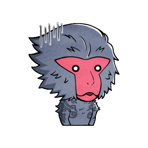 Sponsored sticker gif. Anime monkey looks shocked with wide eyes. Entire gif moves forward and back slowly.