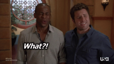 TV gif. Dule Hill as Burton and James Roday Rodriguez as Shawn in Psych stand next to each other in a mansion looking taken aback, eyes closed and frowning as they say back and forth, "What?" "What?" "What?"