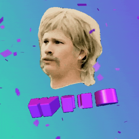 Digital art gif. Cutout of Blink-182's Tom Delonge wearing a blonde wig in the music video for "First Date" and mouthing "what the fuck," against a teal gradient with purple confetti and 3-D pink text, "WTF?"