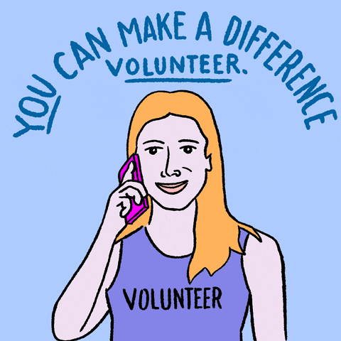 Illustrated gif. Rotation of minimalist depictions of an array of citizens on a misty blue background, a bearded Black businessman texting, a mixed race woman with curly blonde hair handing us a flyer that says "vote," a white woman on a phone wearing a tank that says "volunteer," an Asian young man wearing a t-shirt that says "volunteer," knocking on the fourth wall. Text, "You can make a difference. Volunteer."