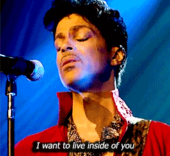 Celebrity gif. Performing on stage, Prince sings into the microphone with his eyes closed. Text, "I want to live inside of you."