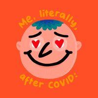 Illustrated gif. An illustrated young man has heart eyes and a giddy smile. Text, "Me, literally, after COVID."