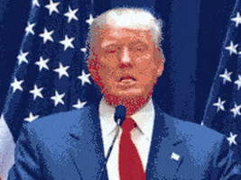 Political gif. Donald Trump is edited to have a totally red face and he heaves with breath, his chest moving up and down as his mouth is open and frowns.