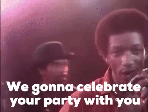 Music video gif. A singer with an afro, obviously from the disco era, sings, "We gonna celebrate your party with you," which appears as text.