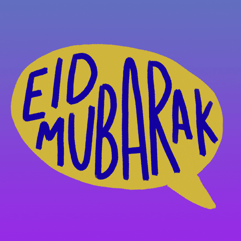 Text gif. The text, "Eid Mubarak," appears in a yellow speech bubble against a purple background.