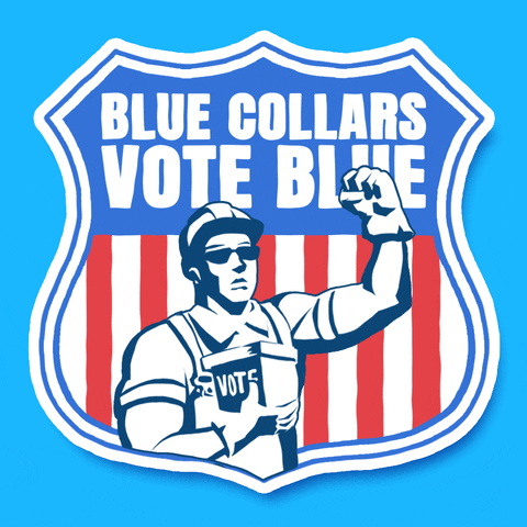 Digital art gif. Inside a crest shape is a cartoon of a strong construction worker wearing a hard hat and flexing his bicep, holding a ballot box in his other hand. In the background of the crest are red and white stripes and a blue area, designed to look like the American flag. In the blue space, text reads, "Blue collars vote blue."