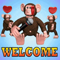 Cartoon gif. Two monkey 3D models clap behind a larger monkey 3D model robotically singing into a microphone while hearts circulate around its head. In a yellow to orange gradient font, text reads, "Welcome."
