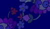 Text gif. Set against a deep blue background with faint flowers, the words "Happy anniversary," in a lavender color, appear on the screen alongside an assortment of romantic rainbow cartoon flowers.