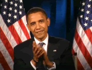 Political gif. President Barack Obama looks at us with an earnest smile and claps like he’s celebrating us. Behind him is an American flag.