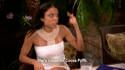 Reality TV gif. Bethenny Frankel on the Real Housewives of New York points to her head with wide eyes as she speaks emphatically, saying, "She's cuckoo for Cocoa Puffs."