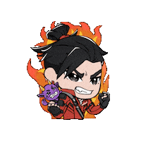Sponsored sticker gif. Anime boy in combat gear grits his teeth and holds up both fists to look intimidating. A small purple demon sits on his shoulder. Flames flicker behind him. Entire gif waves like a flame.