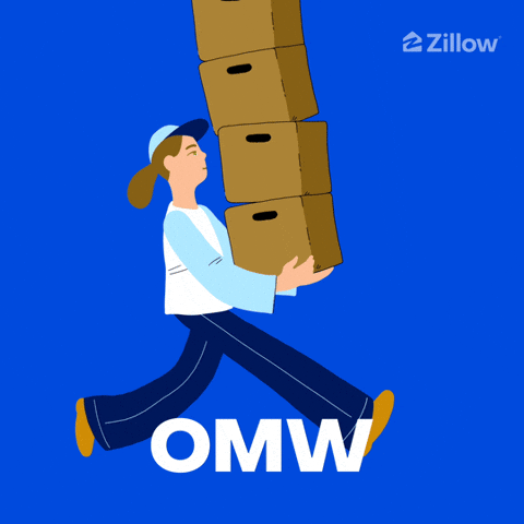 Sponsored gif. Animated woman casually carries four large boxes stacked in her arms. Text below the woman reads, “OMW.”