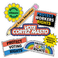 Digital art gif. Collection of stickers brightly colored and full of energy, a flexing daisy that reads "protect climate action," a bobbing pencil that reads "protect public education," a waving flag that reads "protect voting rights," an oscillating marquee that reads "protect workers rights," a twirling dodecagram that reads "protect abortion rights," an oscillating rainbow that reads "protect LGBTQ rights," and front and center, a flashing neon sign that reads "Vote Cortez Masto."