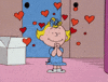 Cartoon gif. Sally from the Peanuts gang closes her eyes with her hands clasped together as she smiles and heart shapes dance around her head. 