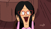 TV gif. Linda Belcher from Bob's Burgers is positively dazzled as she looks up offscreen and waves her hands around excitedly.