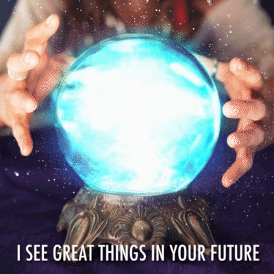 Digital art gif. Still image of a fortune teller feeling the energy of a crystal ball on an ornate gold stand. Spinning white clouds in the crystal emits a swirling aura that surrounds it. Text, "I see great things in your future."