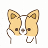 Cartoon gif. Corgiyolk blinks, sticks out its tongue, and waves hello.