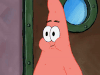 SpongeBob gif. Patrick stands in front of a door with a round window, cheeks bulging as he chews. He closes his eyes and swallows hard as he forces a wide smile. Text, "Yum."