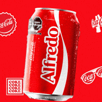 Sponsored gif. A red can of Coca-Cola with the name "Alfredo" floats up into frame and then floats back down out of sight. Coca-Cola logos on bottle caps and sunglasses are in the background.