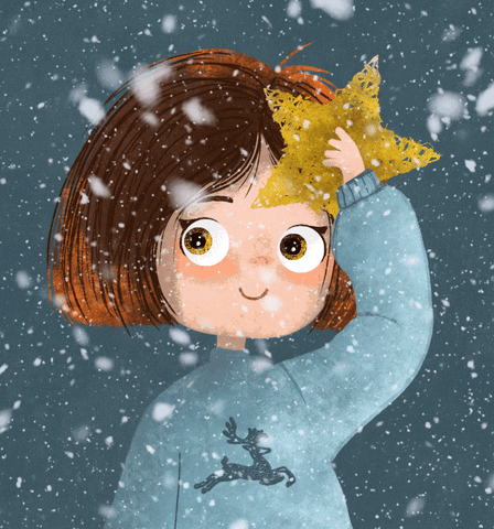 Holiday gif. Illustrated girl with an auburn bob and wide, round eyes stands amidst cascading snow while pressing a star made out of gold thread to her head. She wears a light blue sweater with a dark blue reindeer sewn onto it.