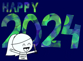 Illustrated gif. A smiling woman drawn in black and white holds a champagne glass in her hand and raises her arms in delight. Text reads in a font made out of colorful light orbs, "Happy 2024."