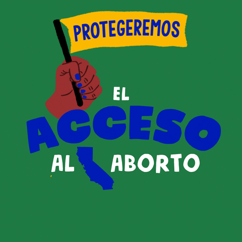 Text gif. Brown hand with blue fingernails in front of emerald green background waves a yellow flag up and down that reads, “Protegeremos” followed by the text, “El acceso al aborto California.”