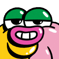Cartoon gif. A lumpy creature looks at us making kissy faces and raising it’s eyebrows suggestively. 