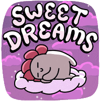 Digital illustration gif. Gray character with pink flower petal hair sleeps peacefully on a fluffy cloud as clouds continuously fall through a bright purple background. Text, "Sweet dreams."