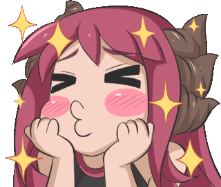 Anime gif. Pink and brown haired girl with rosy cheeks closes her eyes and blows a kiss as gold sparkles shine around her.