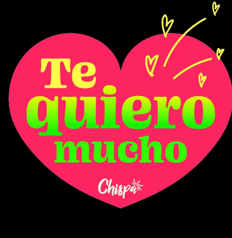 Text gif. The phrase, “Te quiero mucho” is written in a shivering heart and hearts fly out from the center.