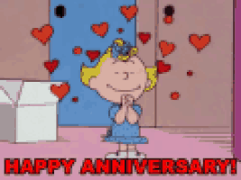 Cartoon gif. Sally Brown from Charlie Brown clasps her hands together close to her face with a big smile on her face. Hearts bubble around her head. Text, “Happy anniversary!”