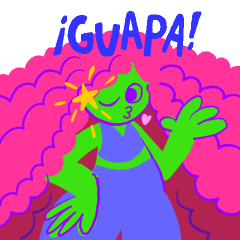 Illustrated gif. A green skinned cartoon girl with billowing curly pink hair winks at us with a starry spark and smooching lips that release a heart. Text, in Spanish, "¡Guapa!"