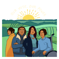 Illustrated gif. Four Indigenous folks of different sizes genders styles and abilities in front of a sunrise and rolling hills. Text, "Our vote, our power."