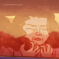Cartoon gif. Woman sits in a car and faces the window. She looks down with tight hands in a claw like shape and then looks up, furrowing her brows tights, and groans to release her anger.
