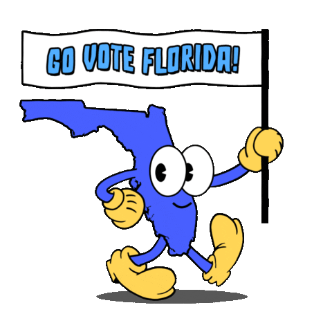 Digital art gif. Blue shape of Florida smiles and marches forward with one hand on its hip and the other holding a flag against a transparent background. The flag reads, “Go vote Florida!”