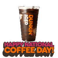 Sponsored sticker gif. Cream swirls through a plastic cup of Dunkin’ Donuts iced coffee. Text reads, “Happy National Coffee Day!”