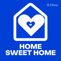 Sponsored gif. Blue and white heart pattern creates a hypnotic pattern that zooms forward within the outline of a house. Text below the house reads, “Home sweet home.”