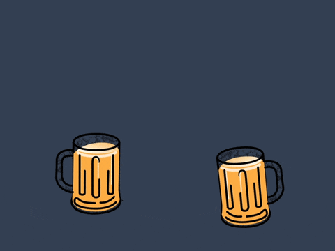 Illustrated gif. Two large beer mugs slosh their liquid as they clink together to cheers, and yellow and blue fireworks pop up behind them.