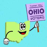 Digital art gif. Spring green graphic of the anthropomorphic state of Ohio holding a purple picket sign that reads "Thank you Ohio voters!"