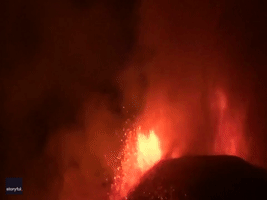 Lava From Erupting Mount Etna Glows Red Against Night Sky