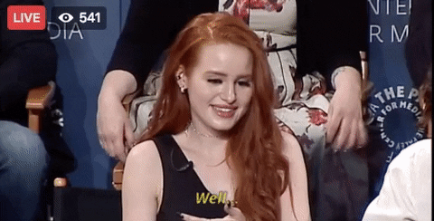 Celebrity gif. An unsure Madelaine Petsch shakes her head and says, “well…”