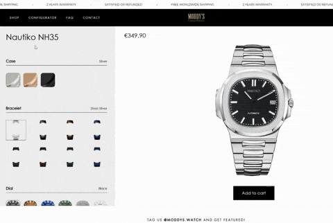 A silver wristwatch with a black dial is displayed on a product page.