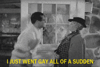 Movie gif. Cary Grant as David in Bringing Up Baby wears a fluffy white bathrobe and throws his hands in the air as he jumps excitedly in front of an elderly woman. 