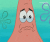 Spongebob gif. Patrick gazes sorrowfully as tears well in eyes and his lips tremble. 