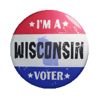 Digital art gif. Round red, white, and blue button featuring the shape of Wisconsin spins over a transparent background. Text, “I’m a Wisconsin voter.”